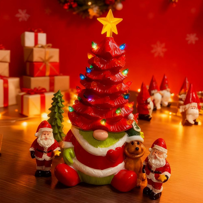 10 Inch Lighted Christmas Gnome Tree Resin Reindeer/Santa Dog Gnome Tree with LED Light for Home Office Fireplace Mantel Tabletop Decor 