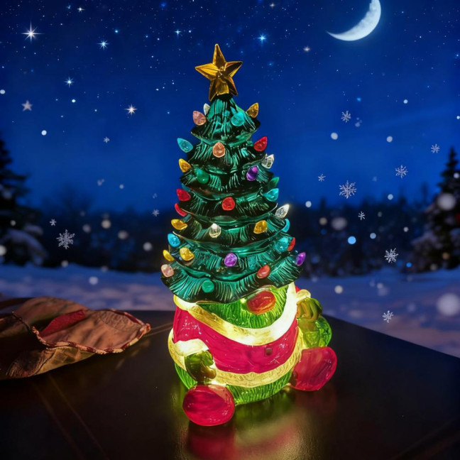 10 Inch Lighted Christmas Gnome Tree Resin Reindeer/Santa Dog Gnome Tree with LED Light for Home Office Fireplace Mantel Tabletop Decor 