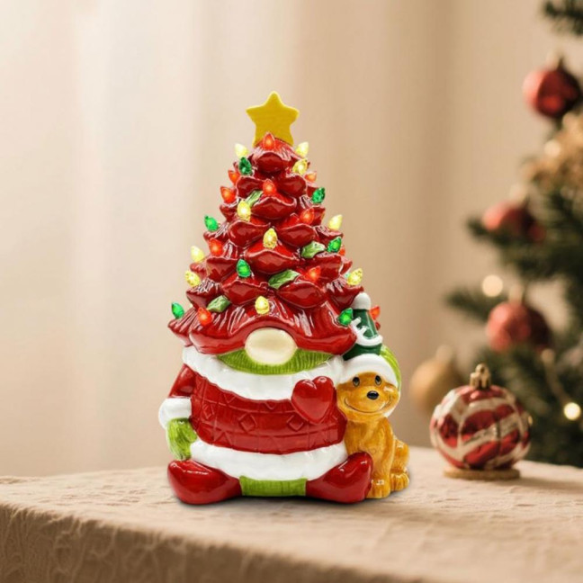 10 Inch Lighted Christmas Gnome Tree Resin Reindeer/Santa Dog Gnome Tree with LED Light for Home Office Fireplace Mantel Tabletop Decor 
