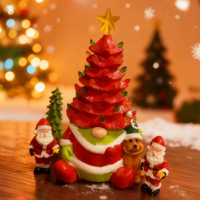 10 Inch Lighted Christmas Gnome Tree Resin Reindeer/Santa Dog Gnome Tree with LED Light for Home Office Fireplace Mantel Tabletop Decor 