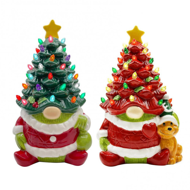 10 Inch Lighted Christmas Gnome Tree Resin Reindeer/Santa Dog Gnome Tree with LED Light for Home Office Fireplace Mantel Tabletop Decor 