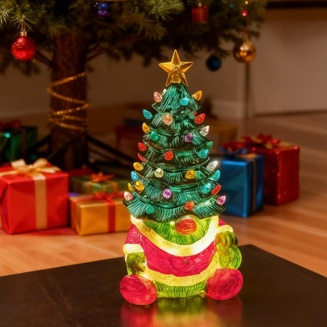 10 Inch Lighted Christmas Gnome Tree Resin Reindeer/Santa Dog Gnome Tree with LED Light for Home Office Fireplace Mantel Tabletop Decor 
