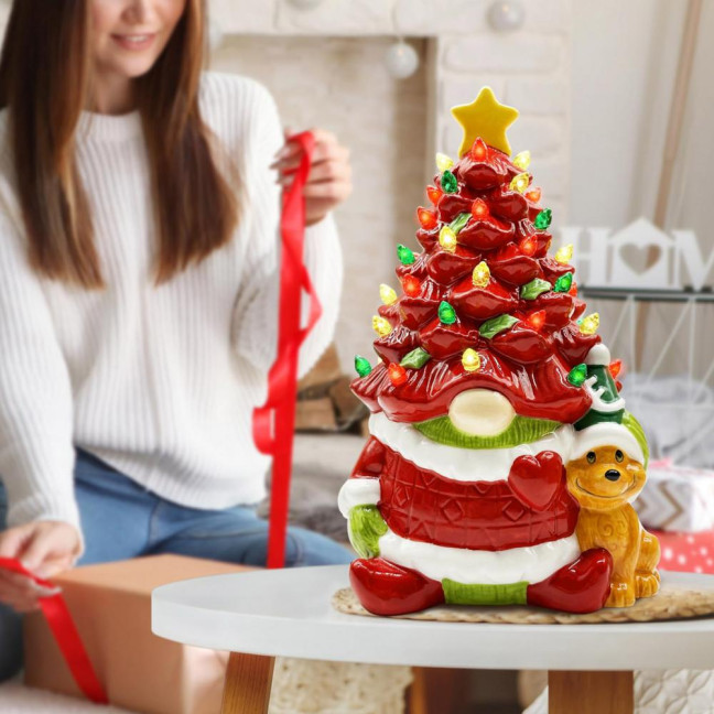 10 Inch Lighted Christmas Gnome Tree Resin Reindeer/Santa Dog Gnome Tree with LED Light for Home Office Fireplace Mantel Tabletop Decor 