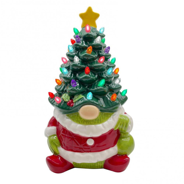 10 Inch Lighted Christmas Gnome Tree Resin Reindeer/Santa Dog Gnome Tree with LED Light for Home Office Fireplace Mantel Tabletop Decor 