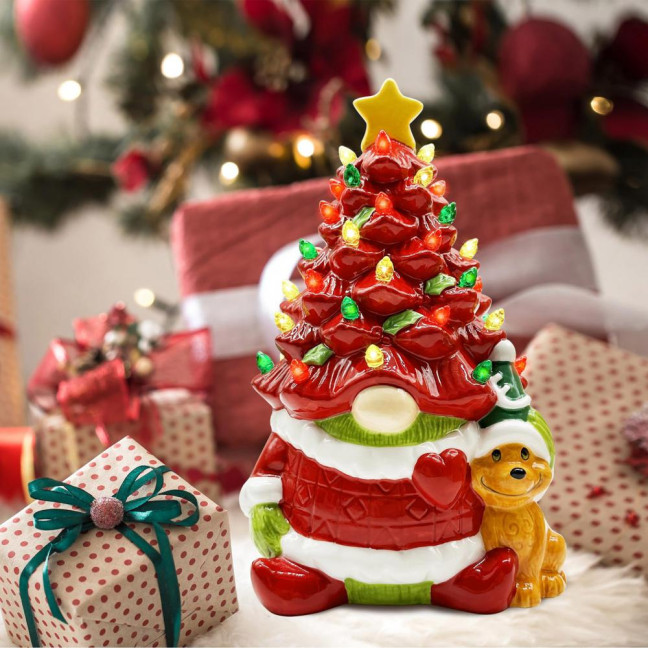 10 Inch Lighted Christmas Gnome Tree Resin Reindeer/Santa Dog Gnome Tree with LED Light for Home Office Fireplace Mantel Tabletop Decor 