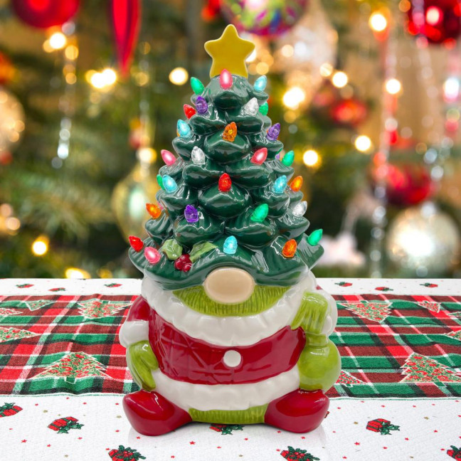 10 Inch Lighted Christmas Gnome Tree Resin Reindeer/Santa Dog Gnome Tree with LED Light for Home Office Fireplace Mantel Tabletop Decor 