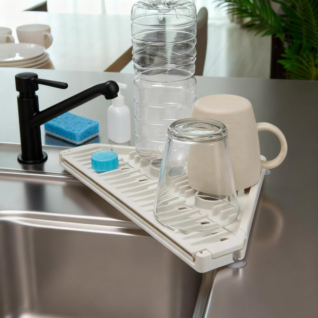 Triangle Corner Sink Caddy Dish Drying Rack Over The Sink Roll Up Dish Drainer Mat with Suction Cups Kitchen Organizer 