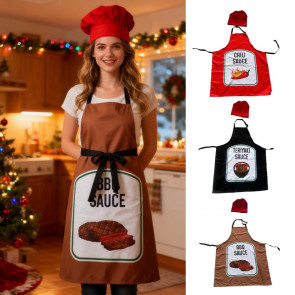 Sauce Kitchen Apron with Hat Adjustable Strap Breathable Christmas Halloween Cosplay Party Chili BBQ Teriyaki Sauce Chef Cooking Apron 