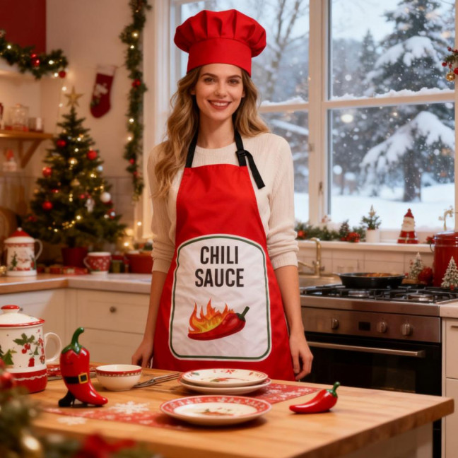Sauce Kitchen Apron with Hat Adjustable Strap Breathable Christmas Halloween Cosplay Party Chili BBQ Teriyaki Sauce Chef Cooking Apron 