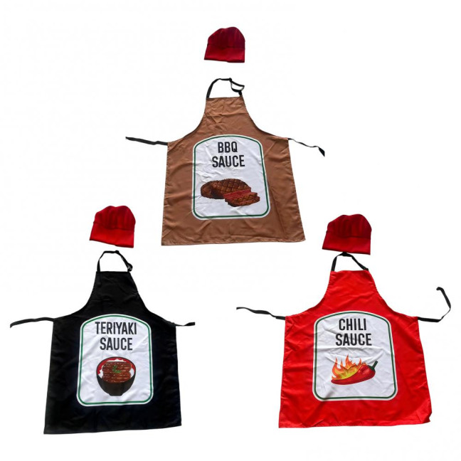 Sauce Kitchen Apron with Hat Adjustable Strap Breathable Christmas Halloween Cosplay Party Chili BBQ Teriyaki Sauce Chef Cooking Apron 