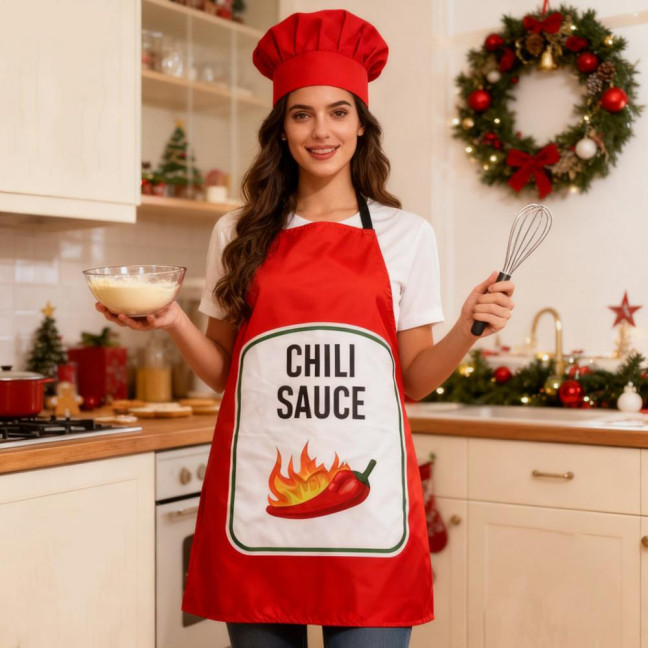 Sauce Kitchen Apron with Hat Adjustable Strap Breathable Christmas Halloween Cosplay Party Chili BBQ Teriyaki Sauce Chef Cooking Apron 