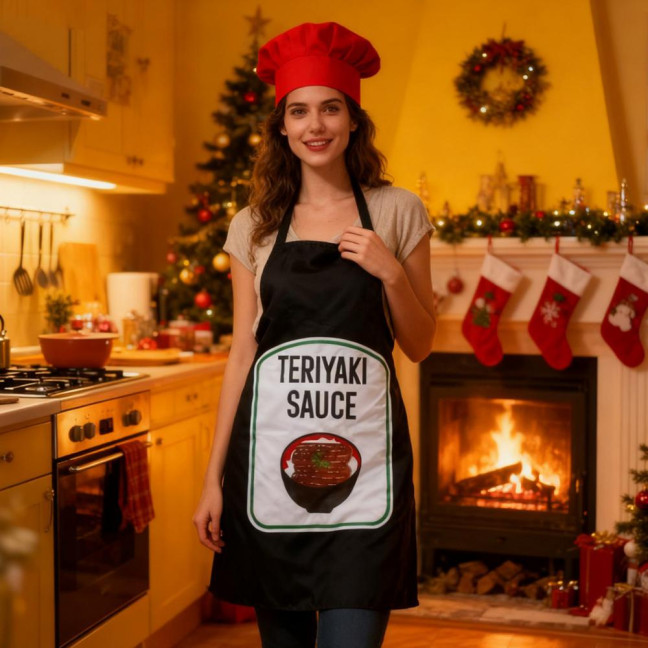 Sauce Kitchen Apron with Hat Adjustable Strap Breathable Christmas Halloween Cosplay Party Chili BBQ Teriyaki Sauce Chef Cooking Apron 