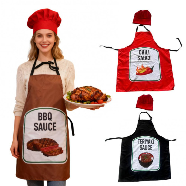 Sauce Kitchen Apron with Hat Adjustable Strap Breathable Christmas Halloween Cosplay Party Chili BBQ Teriyaki Sauce Chef Cooking Apron 