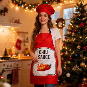 Sauce Kitchen Apron with Hat Adjustable Strap Breathable Christmas Halloween Cosplay Party Chili BBQ Teriyaki Sauce Chef Cooking Apron 