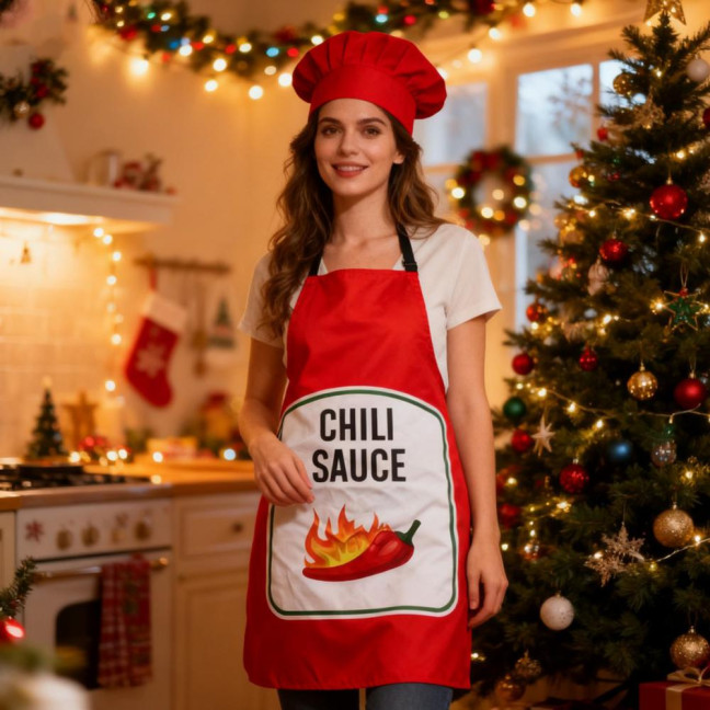 Sauce Kitchen Apron with Hat Adjustable Strap Breathable Christmas Halloween Cosplay Party Chili BBQ Teriyaki Sauce Chef Cooking Apron 