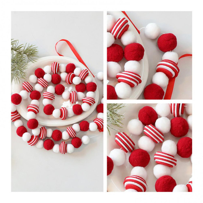 Christmas Felt Ball Garland Plush Wool Felt Ball Bead Garland Red White Pompom Bunting Banner for Xmas Tree Holiday Party Decor