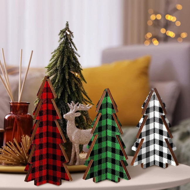 3 Pcs Wooden Christmas Tree Decor Rustic Buffalo Plaid/Dot Christmas Tree Farmhouse Table Centerpiece for Tiered Tray Tabletop Home Decor