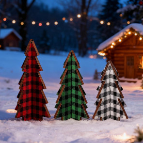 3 Pcs Wooden Christmas Tree Decor Rustic Buffalo Plaid/Dot Christmas Tree Farmhouse Table Centerpiece for Tiered Tray Tabletop Home Decor