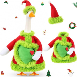 Christmas Goose Outfit Santa Claus Goose Costume Xmas Hat And Coat with Fuzzy Green Edge for Winter Holiday 23 Inch Garden Goose Statue Decoration