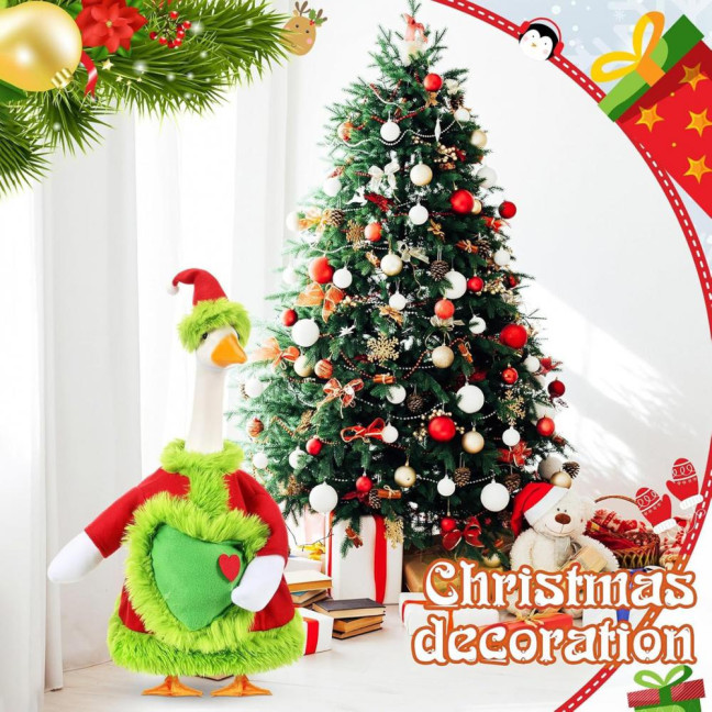 Christmas Goose Outfit Santa Claus Goose Costume Xmas Hat And Coat with Fuzzy Green Edge for Winter Holiday 23 Inch Garden Goose Statue Decoration