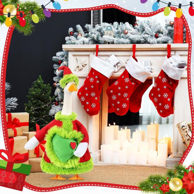 Christmas Goose Outfit Santa Claus Goose Costume Xmas Hat And Coat with Fuzzy Green Edge for Winter Holiday 23 Inch Garden Goose Statue Decoration