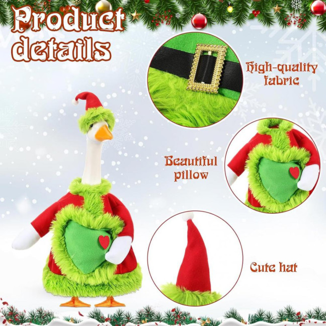 Christmas Goose Outfit Santa Claus Goose Costume Xmas Hat And Coat with Fuzzy Green Edge for Winter Holiday 23 Inch Garden Goose Statue Decoration