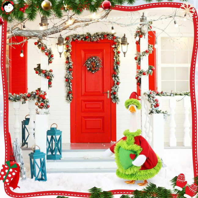 Christmas Goose Outfit Santa Claus Goose Costume Xmas Hat And Coat with Fuzzy Green Edge for Winter Holiday 23 Inch Garden Goose Statue Decoration