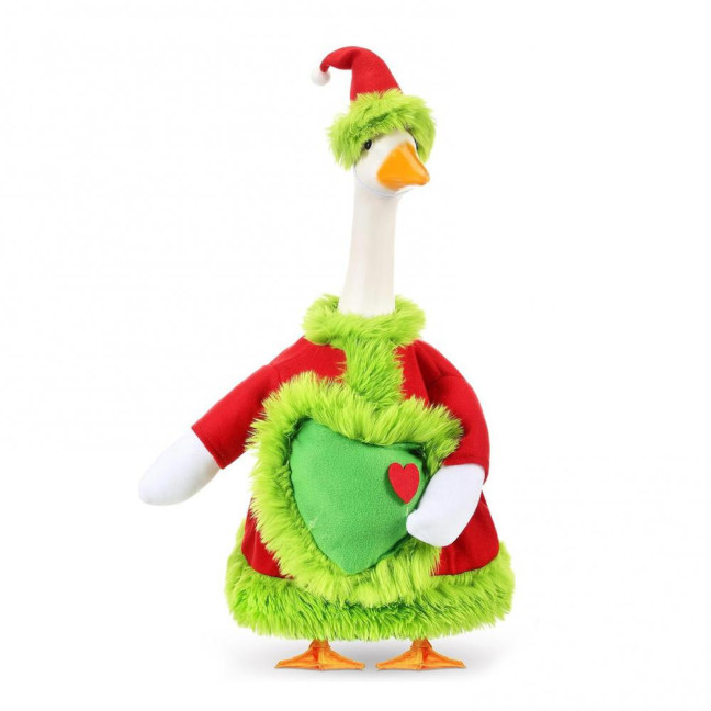 Christmas Goose Outfit Santa Claus Goose Costume Xmas Hat And Coat with Fuzzy Green Edge for Winter Holiday 23 Inch Garden Goose Statue Decoration
