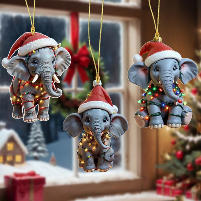 Elephant Christmas Ornament 2D Flat Acrylic Elephant Christmas Tree Ornament Gifts for Animal Lovers Women Girls 