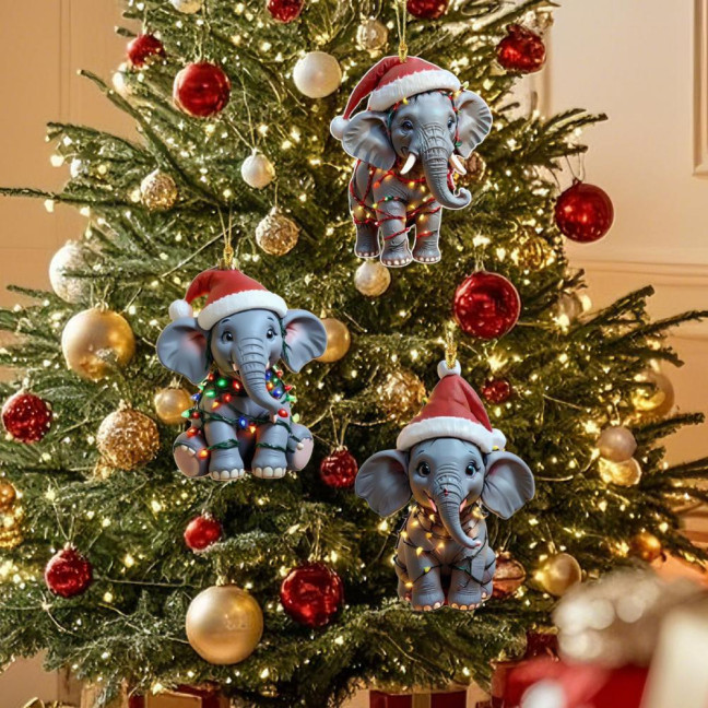 Elephant Christmas Ornament 2D Flat Acrylic Elephant Christmas Tree Ornament Gifts for Animal Lovers Women Girls 