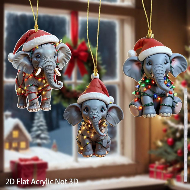 Elephant Christmas Ornament 2D Flat Acrylic Elephant Christmas Tree Ornament Gifts for Animal Lovers Women Girls 