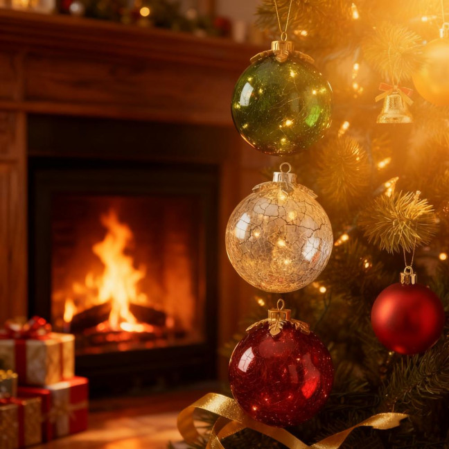 Glass Tabletop Christmas Ornament with LED Lights Glass Ball with Timer Function 6-Inch Light-Up Sphere for Holiday Centerpiece 