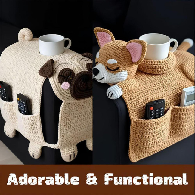 Dog Sofa Arm Organizer Crochet Dog Sofa Armrest Organizer with 2 Pockets And 1 Mug Holder Handmade Dog Shaped Armchair Remote Control Caddy for Phone Treats Cup Dog Sofa Arm Organizer Crochet Dog Sofa Armrest Organizer with 2 Pockets And 1 Mug Holder Handmade Dog Shaped Armchair Remote Control Caddy for Phone Treats Cup