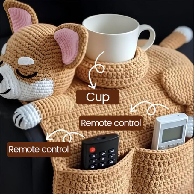 Dog Sofa Arm Organizer Crochet Dog Sofa Armrest Organizer with 2 Pockets And 1 Mug Holder Handmade Dog Shaped Armchair Remote Control Caddy for Phone Treats Cup Dog Sofa Arm Organizer Crochet Dog Sofa Armrest Organizer with 2 Pockets And 1 Mug Holder Handmade Dog Shaped Armchair Remote Control Caddy for Phone Treats Cup