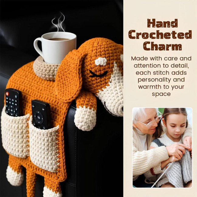Dog Sofa Arm Organizer Crochet Dog Sofa Armrest Organizer with 2 Pockets And 1 Mug Holder Handmade Dog Shaped Armchair Remote Control Caddy for Phone Treats Cup Dog Sofa Arm Organizer Crochet Dog Sofa Armrest Organizer with 2 Pockets And 1 Mug Holder Handmade Dog Shaped Armchair Remote Control Caddy for Phone Treats Cup