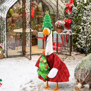Christmas Porch Goose Outfit Lawn Goose Dress with Xmas Tree Hat Festive Goose Costume for 23