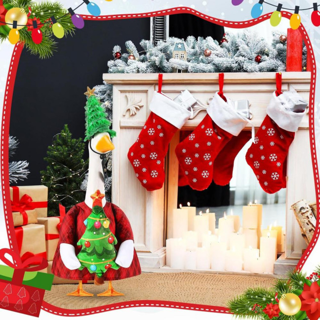Christmas Porch Goose Outfit Lawn Goose Dress with Xmas Tree Hat Festive Goose Costume for 23