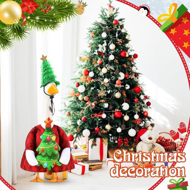 Christmas Porch Goose Outfit Lawn Goose Dress with Xmas Tree Hat Festive Goose Costume for 23
