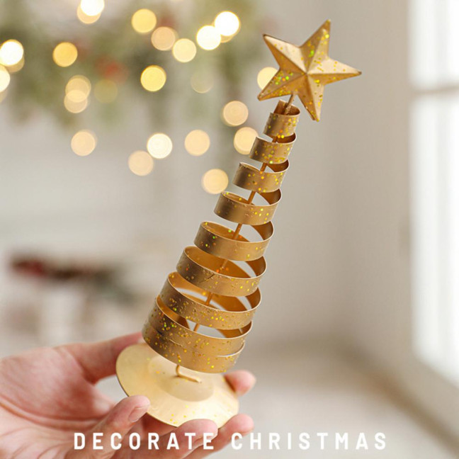 Gold Spiral Christmas Tree Decor Glittering Tabletop Tree with Star Topper for Holiday Home Office Table Centerpiece Mantel Shelf Decor 