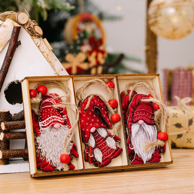 3 Pcs Christmas Gnome Ornaments Vintage Gnome Elf Wooden Hanging Decoration for Holiday Xmas Party Supplies