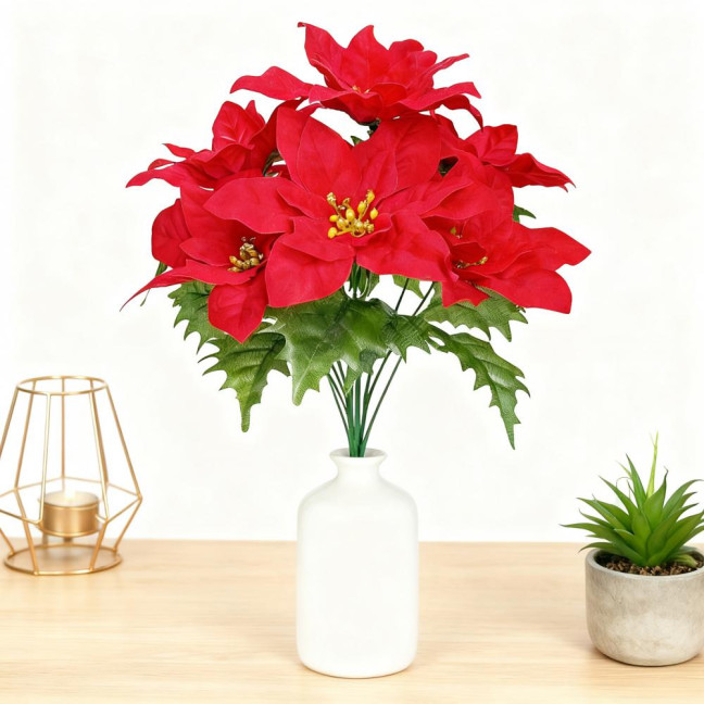 Simulated Flowers Lifelike Plant with Green Leaves Red Flower Flannel Christmas Fake Foliage Home Office Decor 