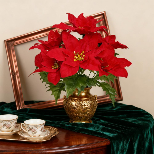 Simulated Flowers Lifelike Plant with Green Leaves Red Flower Flannel Christmas Fake Foliage Home Office Decor 