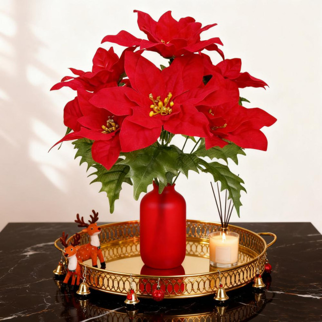 Simulated Flowers Lifelike Plant with Green Leaves Red Flower Flannel Christmas Fake Foliage Home Office Decor 