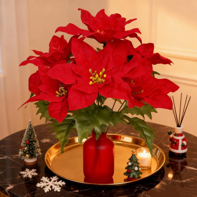 Simulated Flowers Lifelike Plant with Green Leaves Red Flower Flannel Christmas Fake Foliage Home Office Decor 