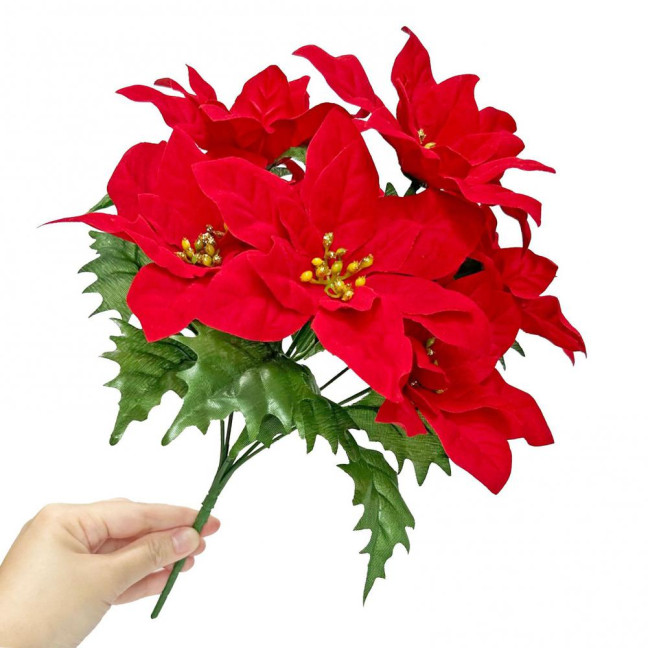 Simulated Flowers Lifelike Plant with Green Leaves Red Flower Flannel Christmas Fake Foliage Home Office Decor 