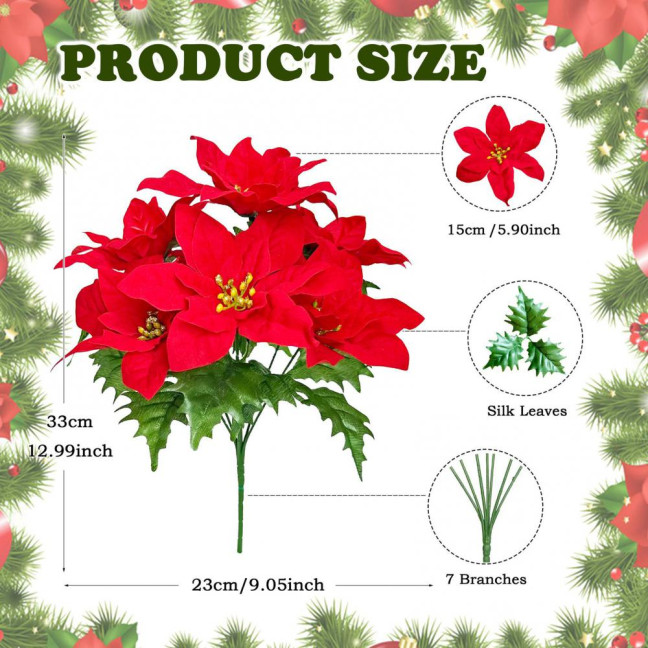 Simulated Flowers Lifelike Plant with Green Leaves Red Flower Flannel Christmas Fake Foliage Home Office Decor 