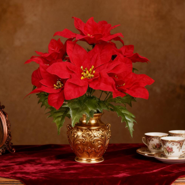 Simulated Flowers Lifelike Plant with Green Leaves Red Flower Flannel Christmas Fake Foliage Home Office Decor 