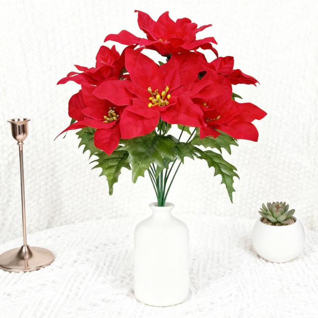 Simulated Flowers Lifelike Plant with Green Leaves Red Flower Flannel Christmas Fake Foliage Home Office Decor 