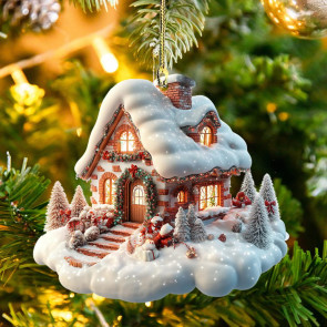 Snow Village House Ornament Rustic Log Cabin Hanging Ornament 2D Acrylic Cottage with Snow Scene for Winter Wonderland Xmas Tree Decor