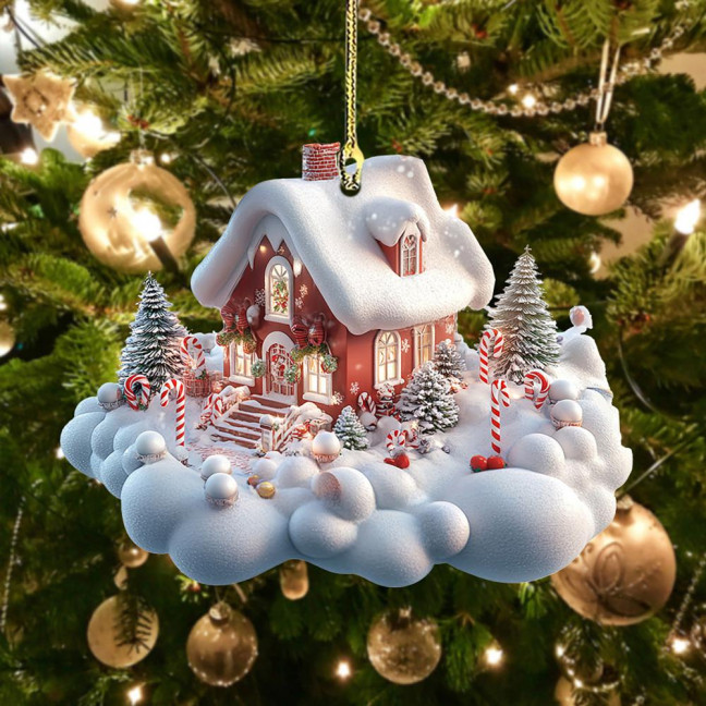 Snow Village House Ornament Rustic Log Cabin Hanging Ornament 2D Acrylic Cottage with Snow Scene for Winter Wonderland Xmas Tree Decor